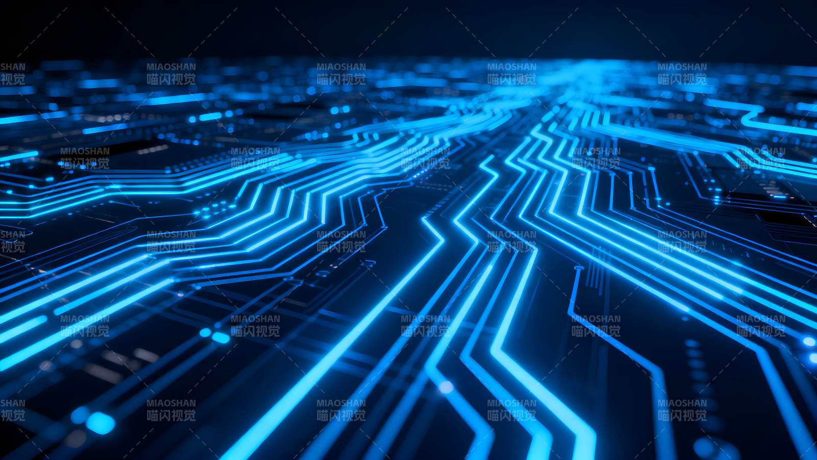 藍色電路板發光特效科技感十足-圖片