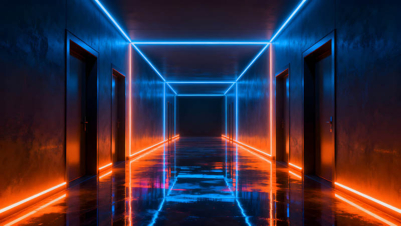 霓虹灯光走廊深邃迷人未来空间-图片