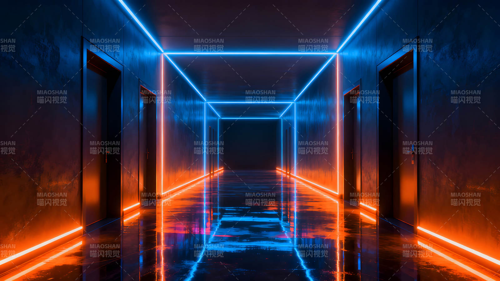 霓虹灯光走廊深邃迷人未来空间-图片