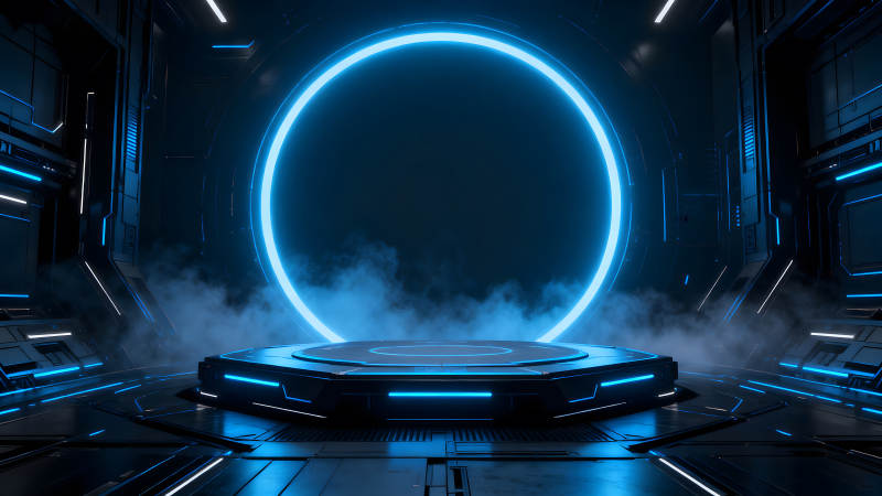 科幻風格的展示平臺藍色光環與煙霧-圖片