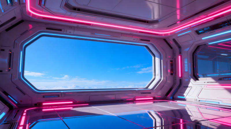 未來空間站內部景象天空明亮-圖片