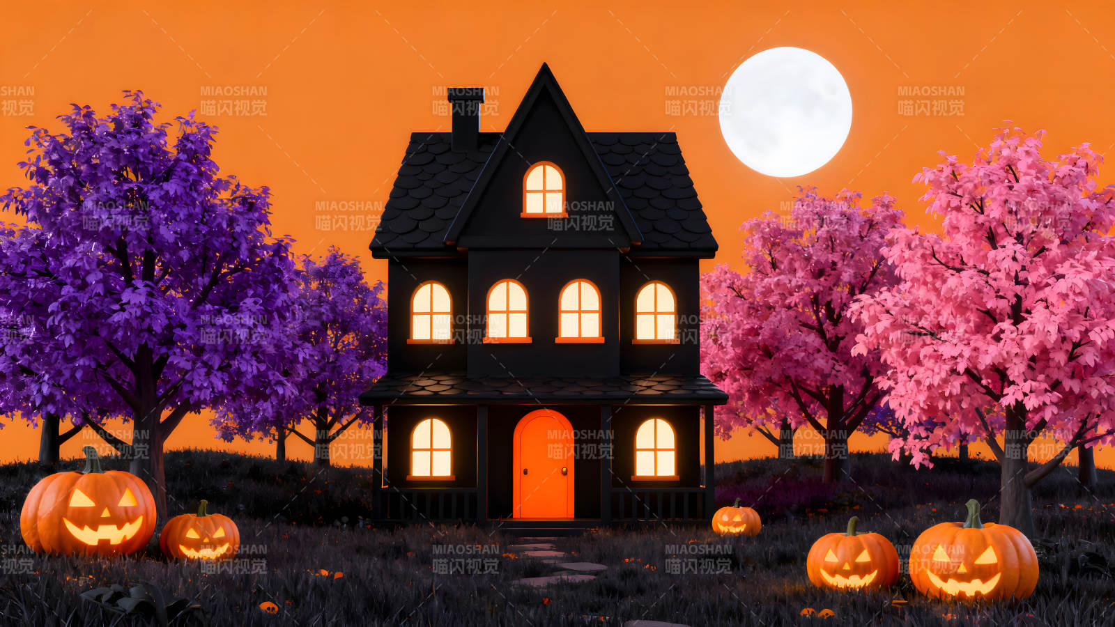 萬圣節(jié)夜晚的鬼屋場景-圖片