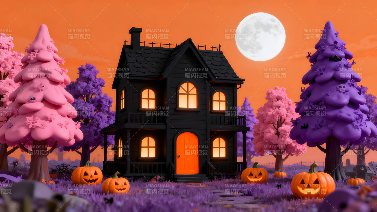 萬圣節夜晚的卡通風格鬼屋-圖片