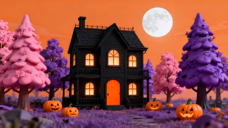萬圣節夜晚的卡通風格鬼屋-圖片