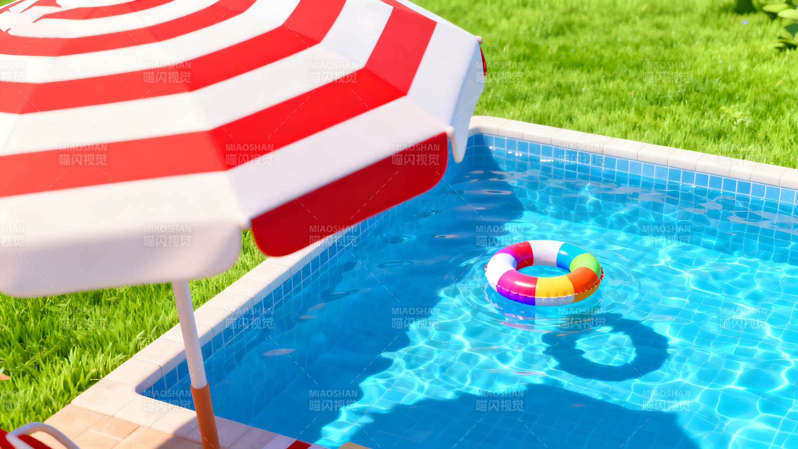 陽光下的泳池與遮陽傘-圖片