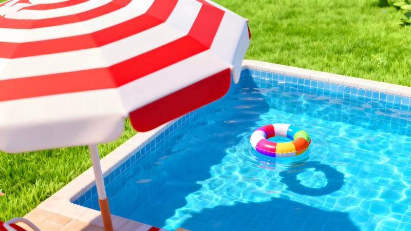 陽光下的泳池與遮陽傘-圖片