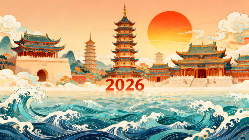 水墨風格的中國風建筑風景圖-圖片