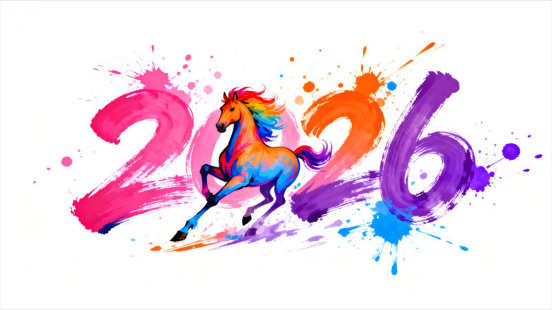 2026年彩色畫筆風格奔跑的馬-圖片