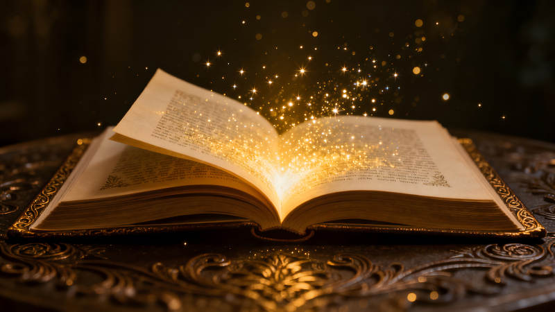 打開的書籍散發著金色光芒-圖片