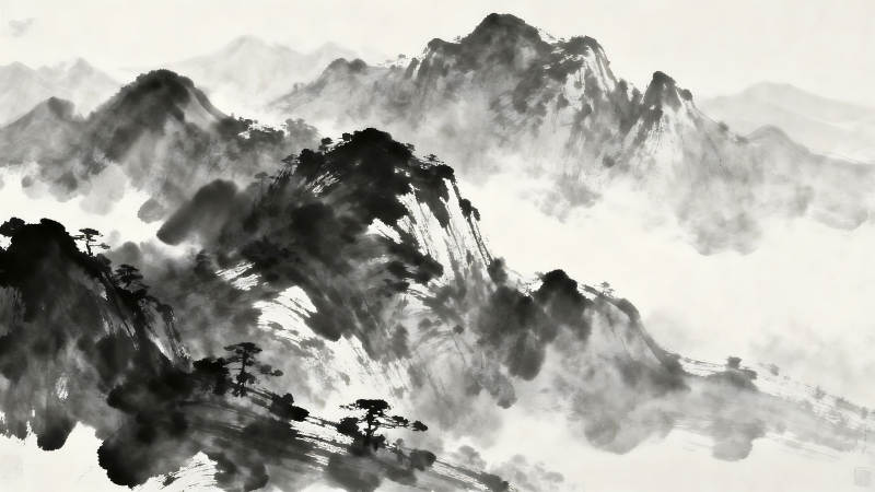 水墨山水畫峰巒疊嶂云霧繚繞-圖片