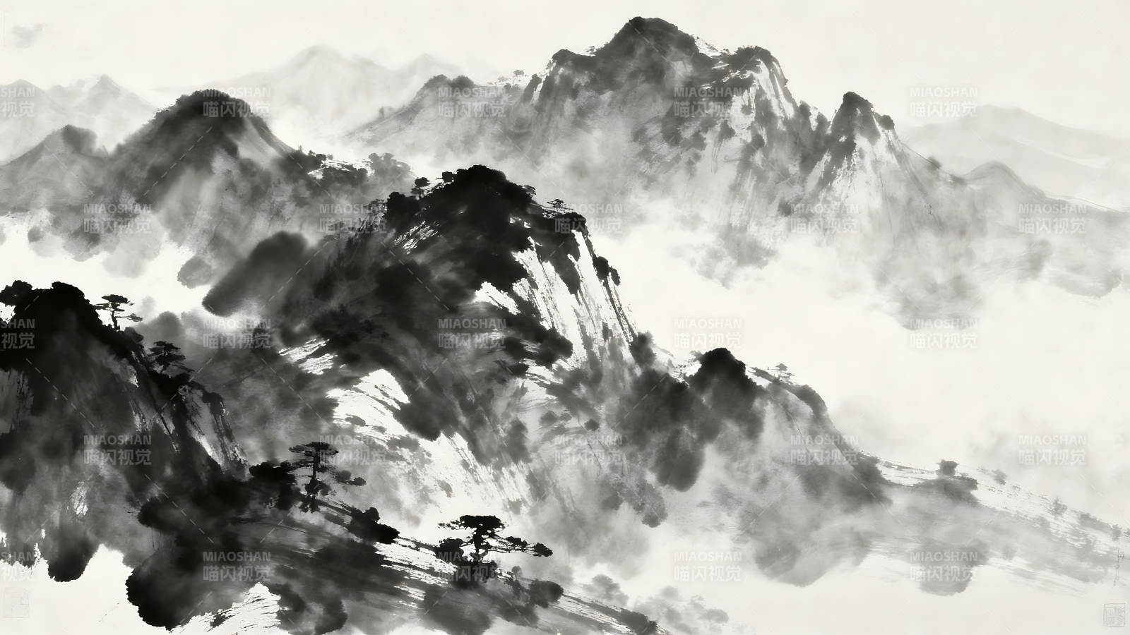 水墨山水畫峰巒疊嶂云霧繚繞-圖片