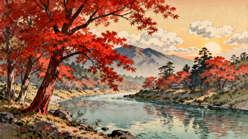 秋日紅葉映襯下的山水畫-圖片