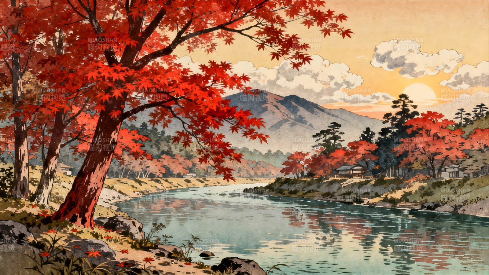 秋日紅葉映襯下的山水畫-圖片