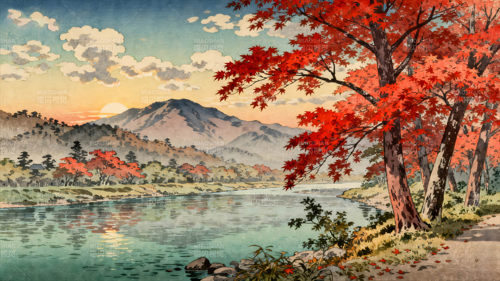 秋日楓葉河畔山水風景畫-圖片