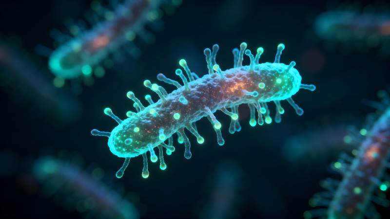 細菌細胞在深藍色背景中的特寫-圖片