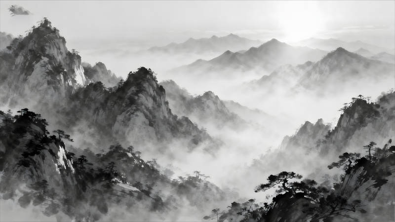 水墨山河云霧繚繞意境悠遠-圖片