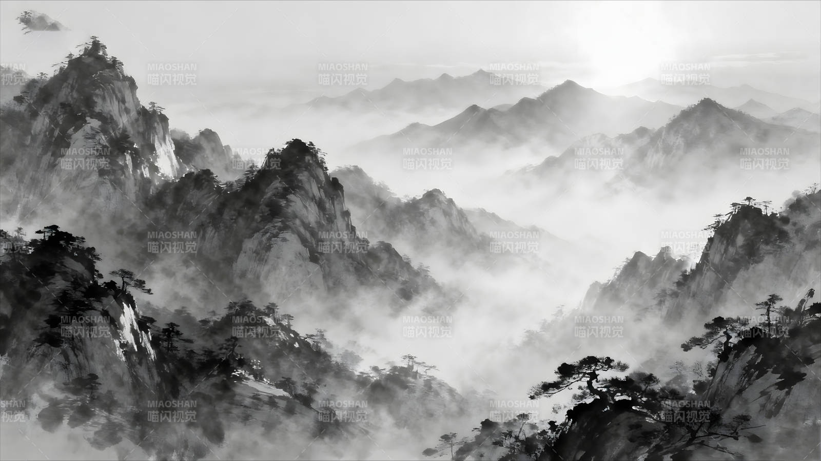 水墨山河云雾缭绕意境悠远-图片