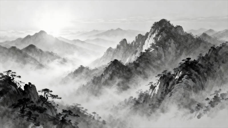 水墨山水畫云霧繚繞仙境-圖片