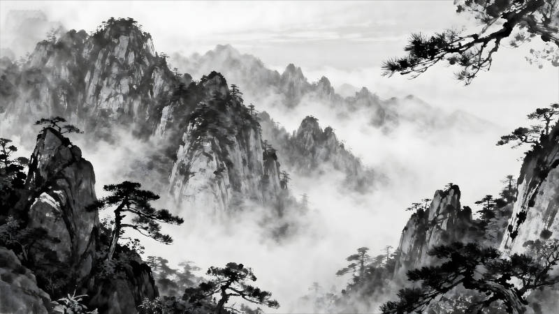 水墨山水畫峰巒疊嶂云霧繚繞-圖片