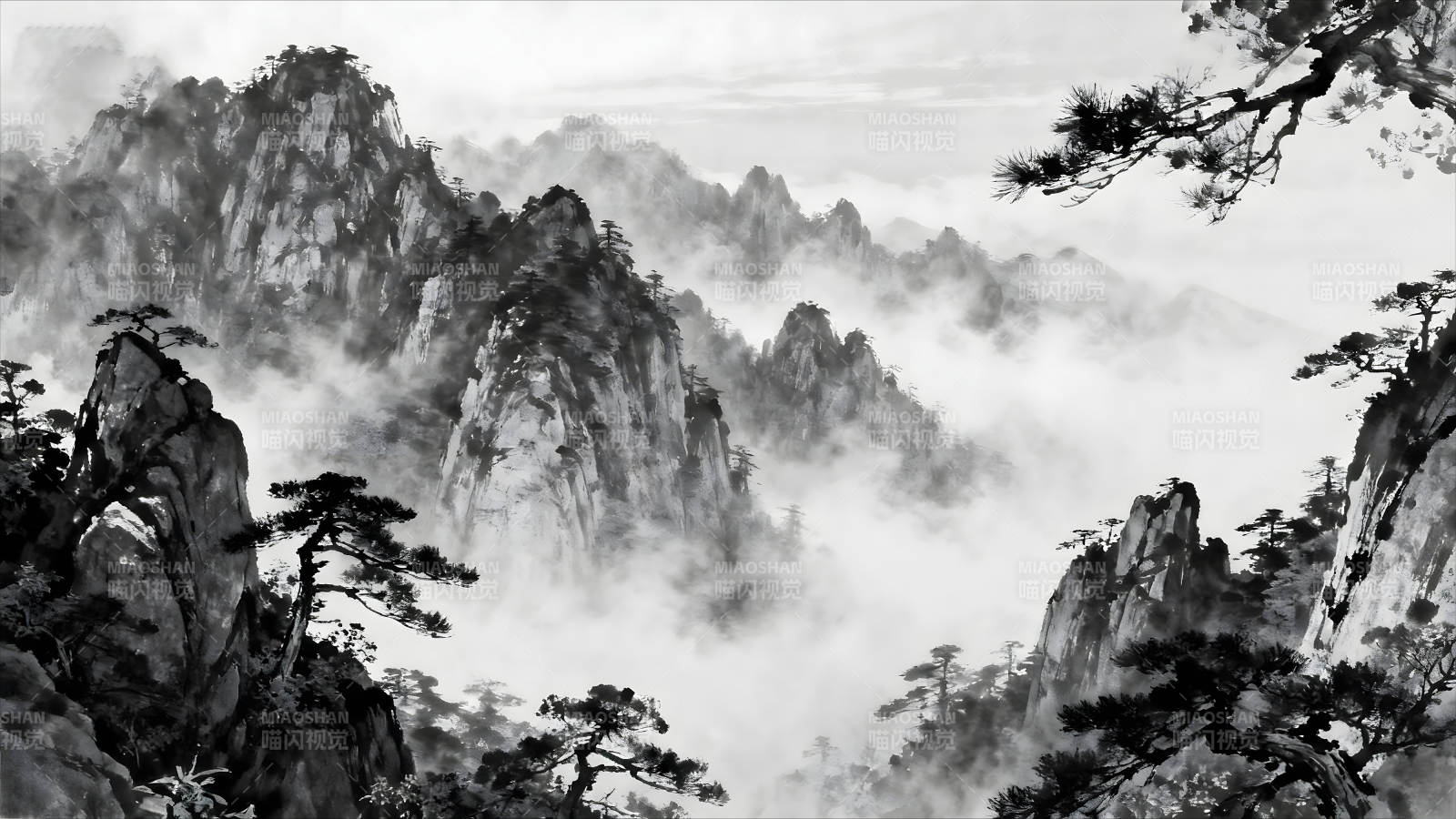 水墨山水画峰峦叠嶂云雾缭绕-图片