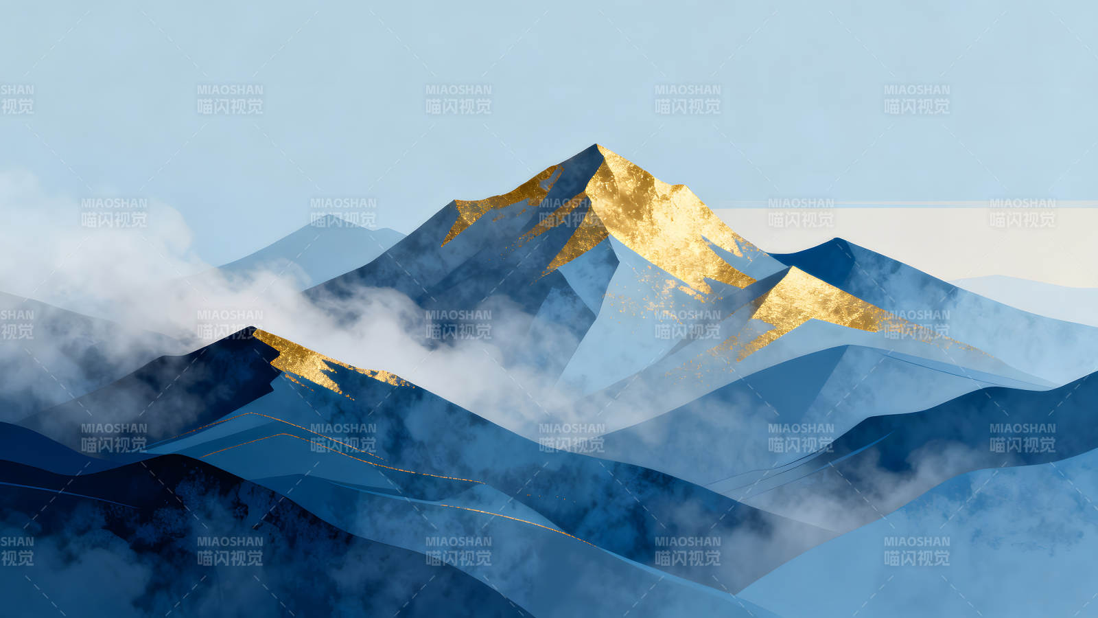 金色山峰藍(lán)色山脈風(fēng)景畫(huà)-圖片