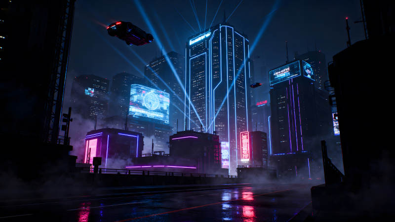 賽博朋克未來城市霓虹燈光下的場景-圖片