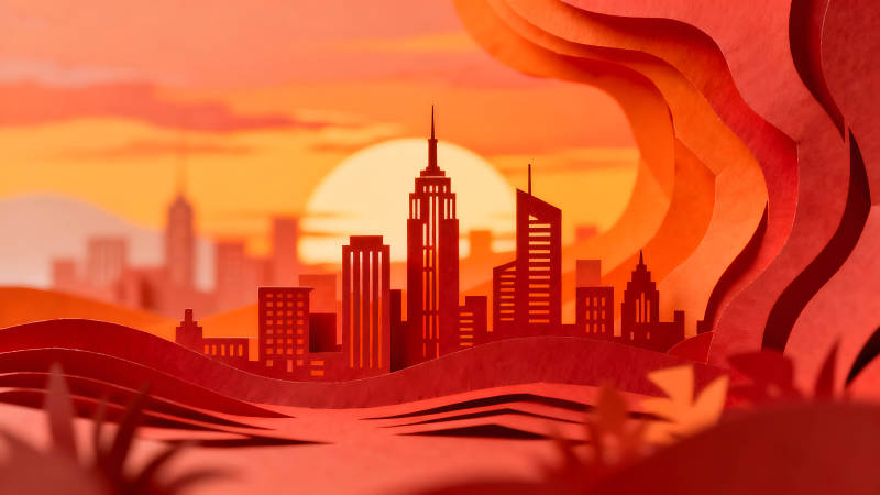 剪紙城市日落景象藝術作品-圖片