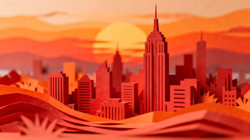 紅色紙藝城市剪影在夕陽下-圖片