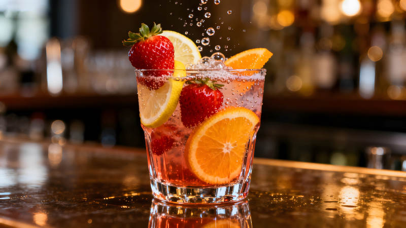 一杯水果雞尾酒在酒吧桌子上-圖片