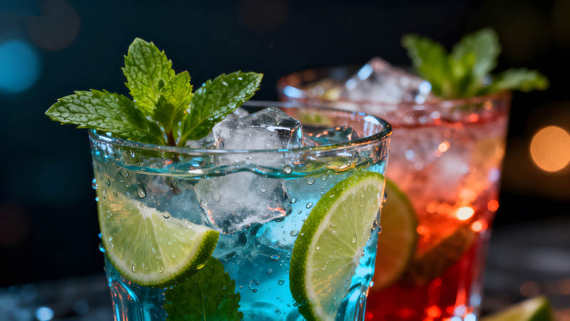 夏日清爽飲品特寫藍色飲料與紅色飲料-圖片