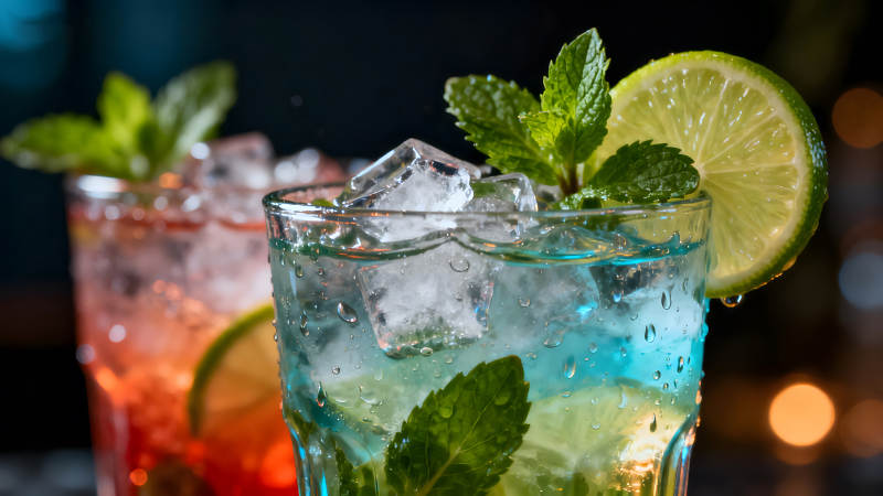 清涼飲品特寫冰塊薄荷青檸點綴-圖片