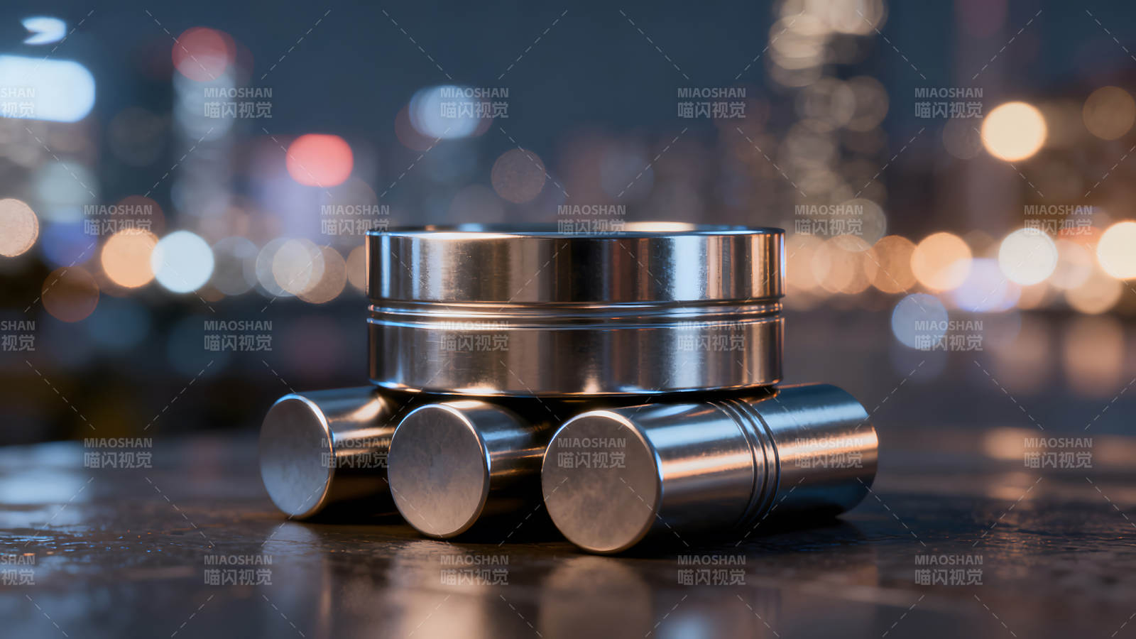 金屬罐組合城市夜景-圖片