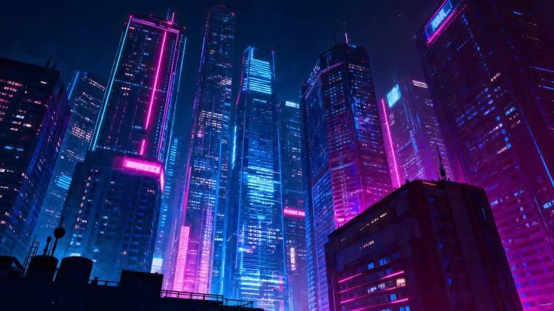 賽博朋克城市夜景霓虹燈光-圖片