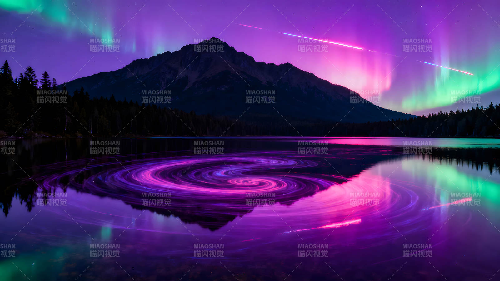 极光映照湖面呈现梦幻景象-图片