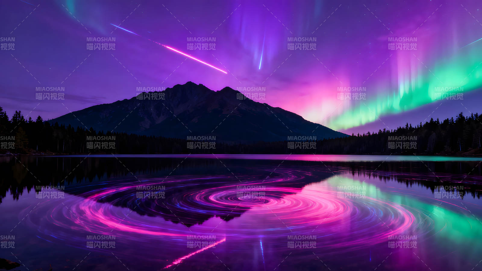 夜空奇景極光映湖流星劃過水面-圖片