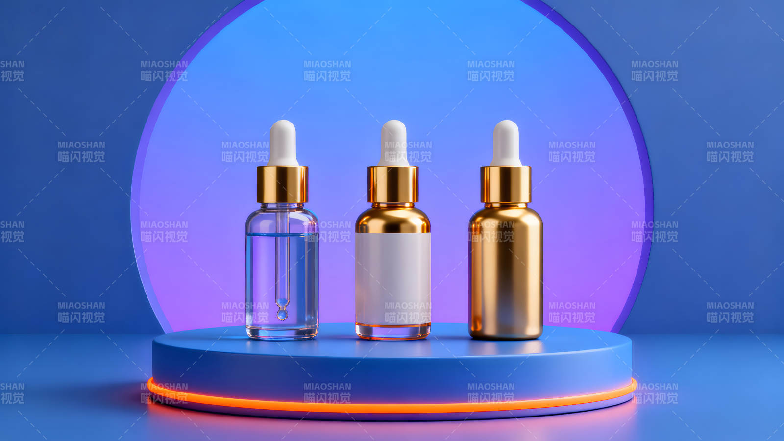 三种护肤品瓶子展示在蓝色背景-图片