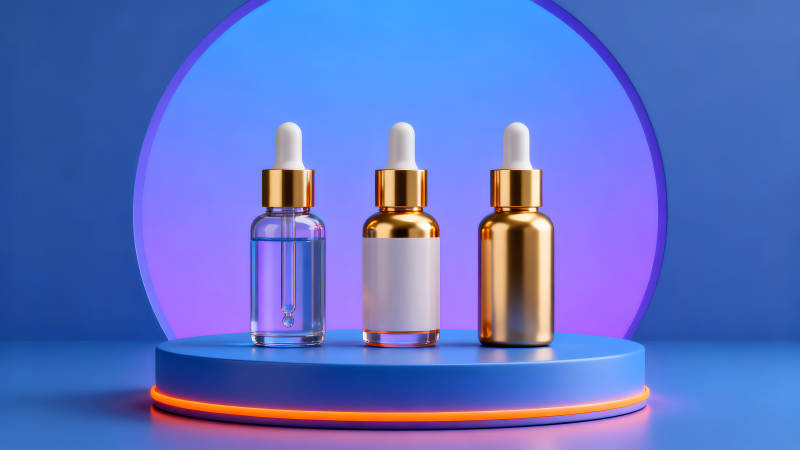 三種護(hù)膚品瓶子展示在藍(lán)色背景-圖片