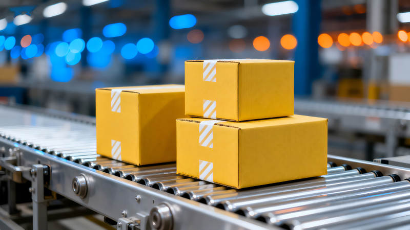 傳送帶上的黃色紙箱-圖片