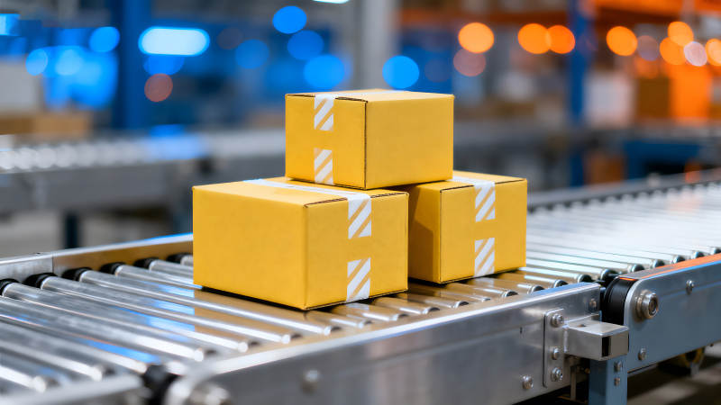 物流傳送帶上的黃色包裹-圖片