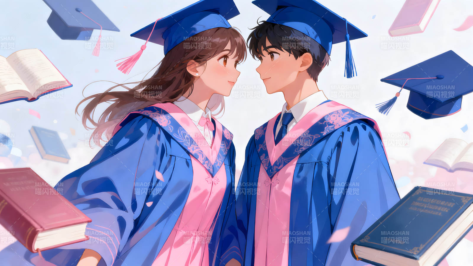 畢業情侶相視一笑的溫馨畫面-圖片