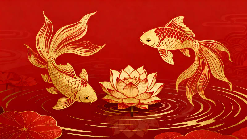金魚與蓮花在紅色水中優(yōu)雅暢游-圖片