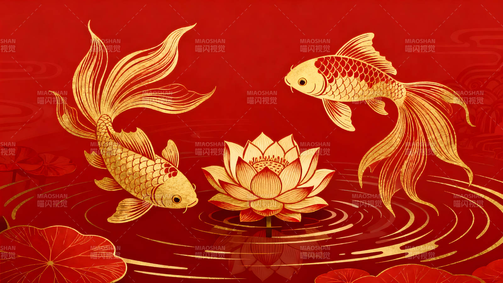 金魚與蓮花在紅色水中優雅暢游-圖片