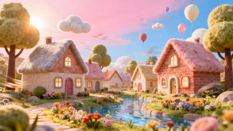 童話村莊風(fēng)景絢麗色彩夢幻-圖片