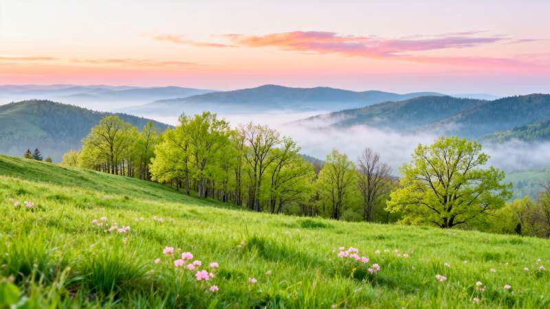 春山晨霧花海-圖片