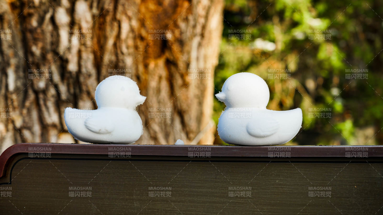 颐和园两只雪制白鸭静坐树旁图片