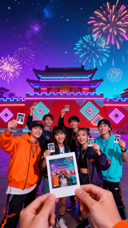 煙花下的青春合影圖片