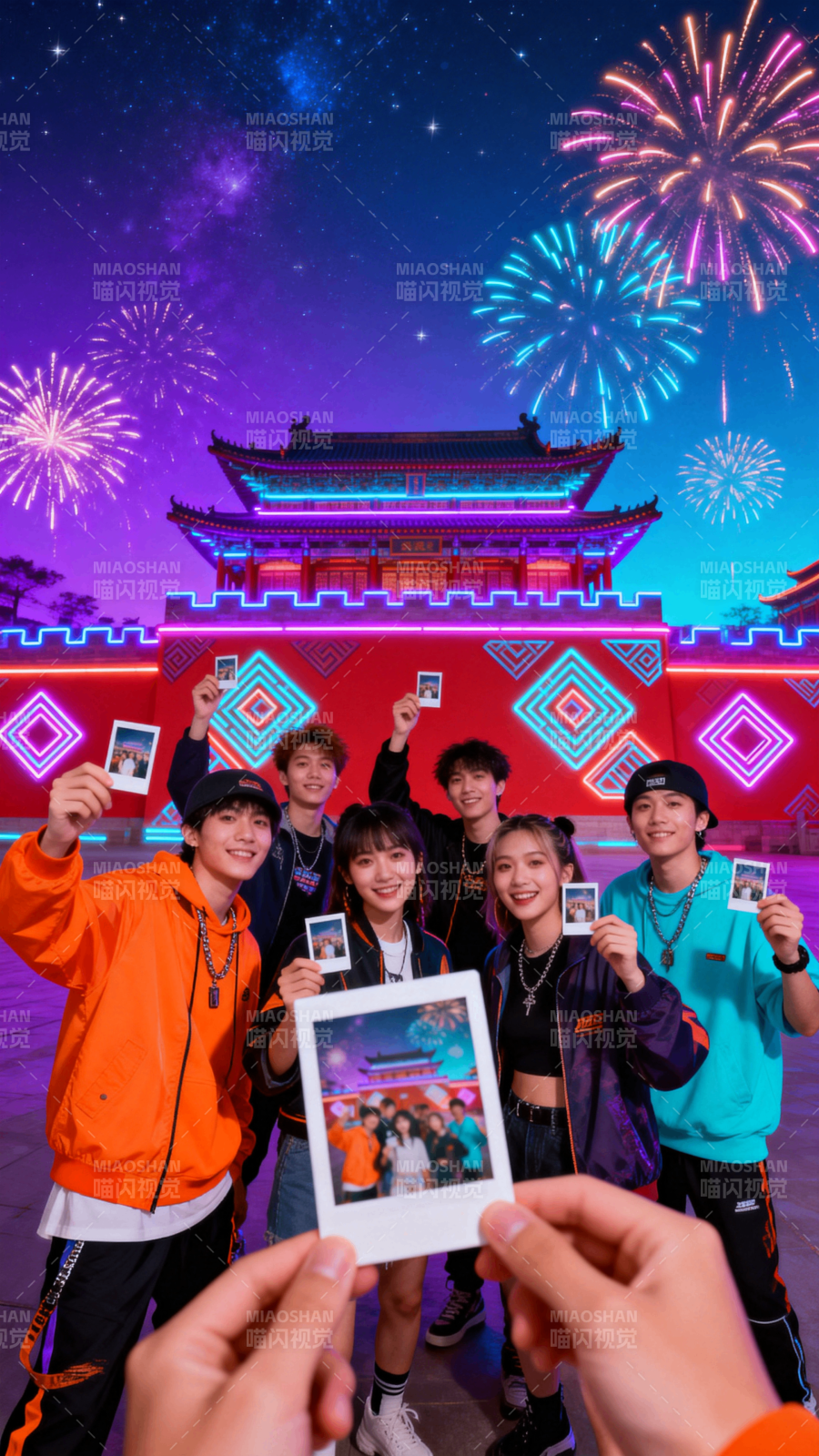 煙花下的青春合影圖片