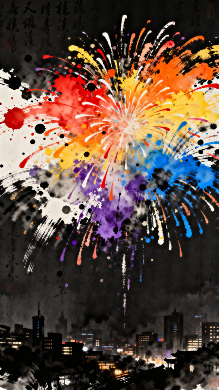 煙火映城夜圖片