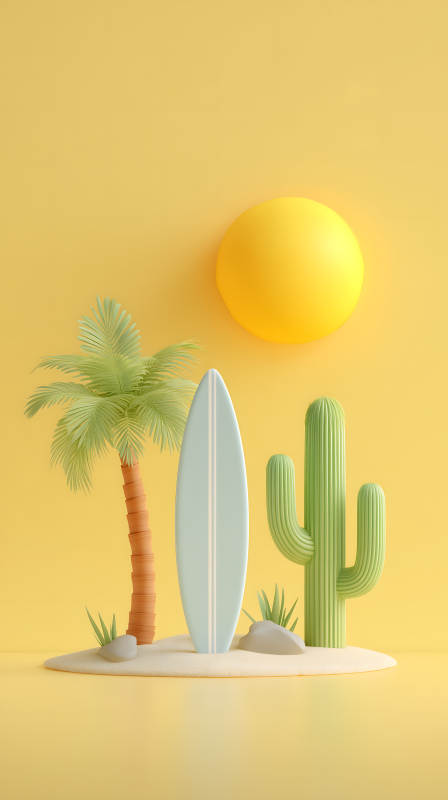 海滩风光冲浪板仙人掌椰子树图片