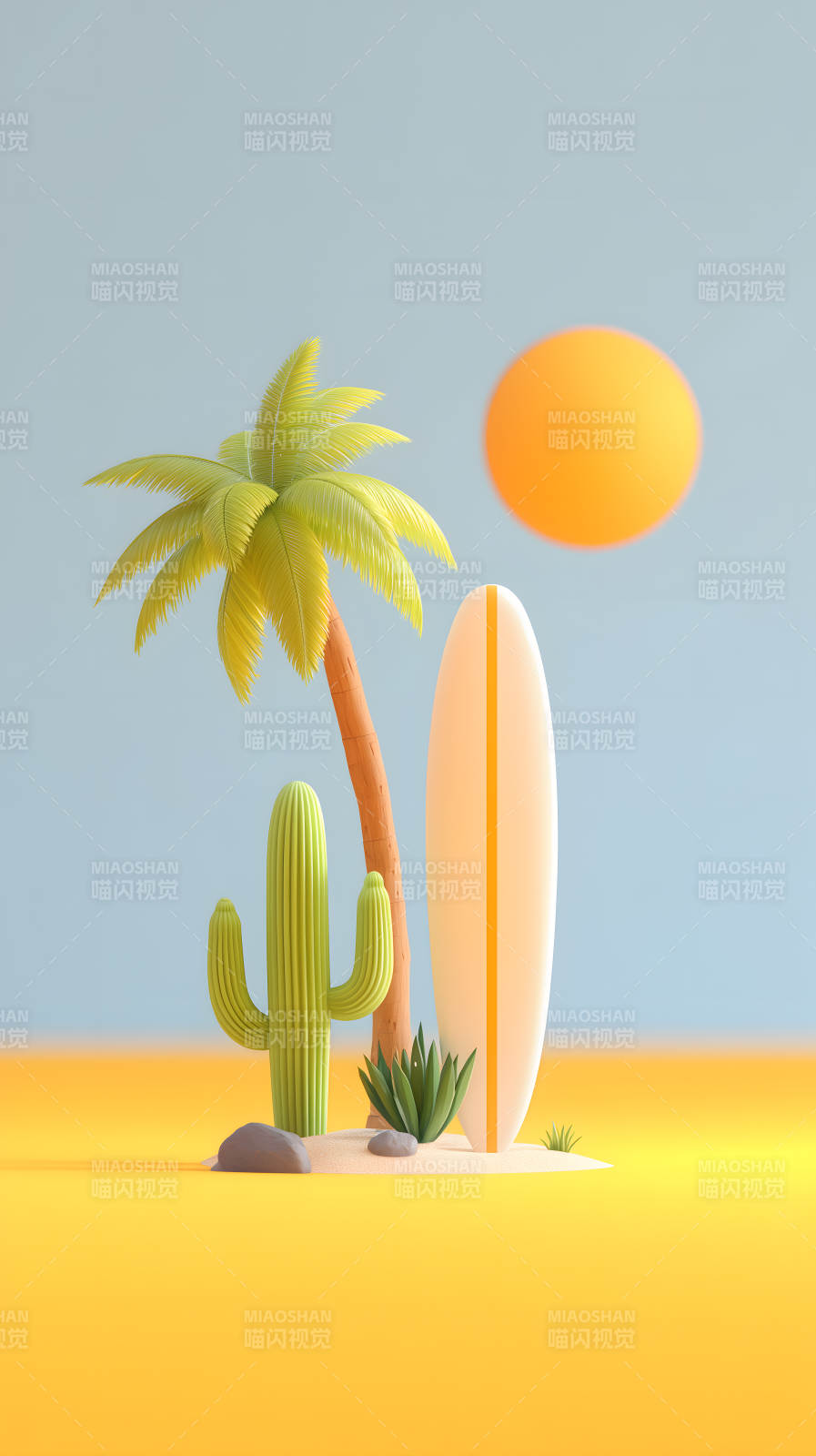 海滩卡通太阳椰树冲浪板图片
